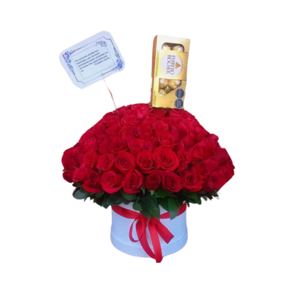 Caja redonda con Rosas Rojas y caja de chocolates.