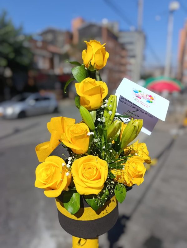 Caja Cilindro con 10 rosas y complementos